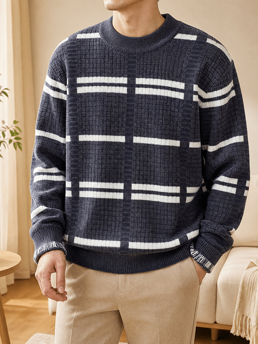 1pc Du Jing Lan OBM Men's Knit Sweater - Old Money Style Contrast Color Striped Crew Neck Sweater, Business Casual Striped Pullover Suitable for Layering, Golf, Basketball, Outdoor & Daily Wear, Belt-Free Warm Sweater for Spring/Autumn/Winter - Dark Blue