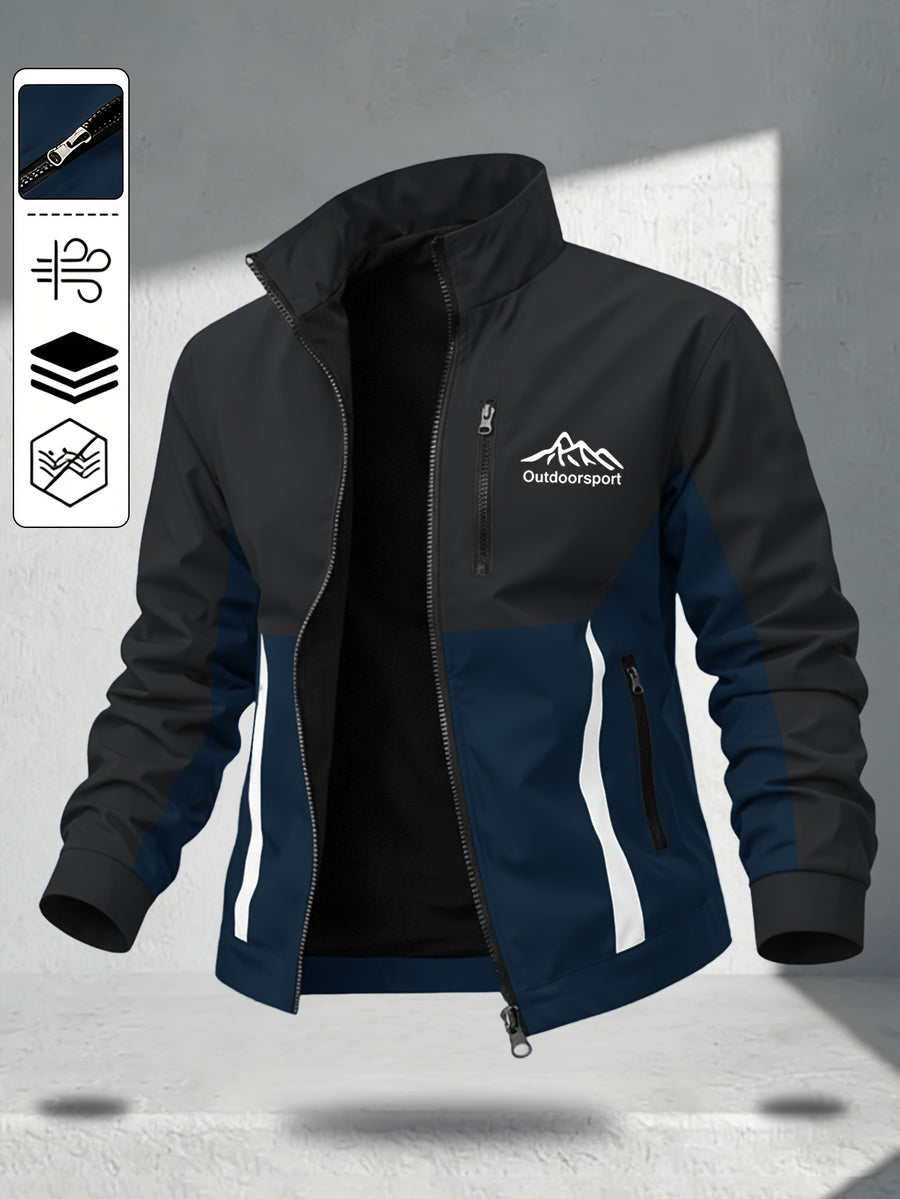 Men's Color-Block Spliced Stand-Collar Jacket, Spring/Autumn Outdoor Windproof Top, Trendy Casual Sporty Versatile Printed Jacket - Deep Blue