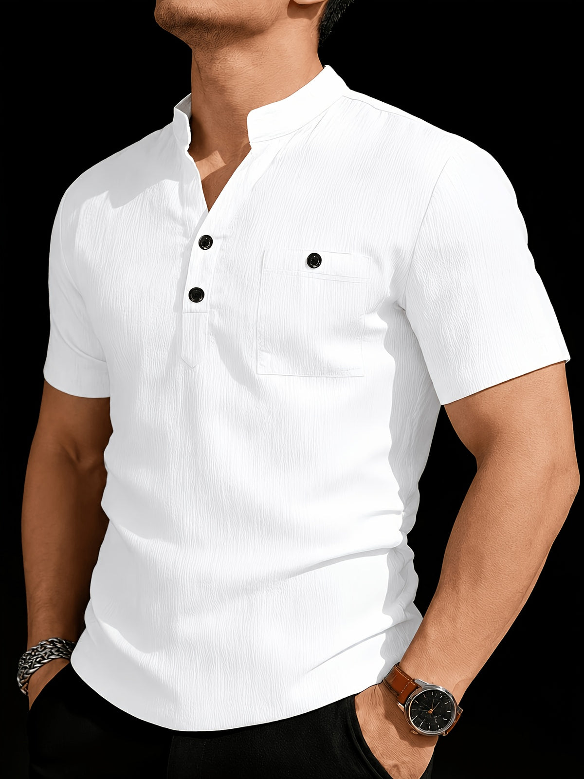 3pcs Set New Summer Men'S Casual Short Sleeve Shirts, Button-Up Cardigans, Suitable for Beach Travel Vacation Sports Outdoors, Machine Washable - White