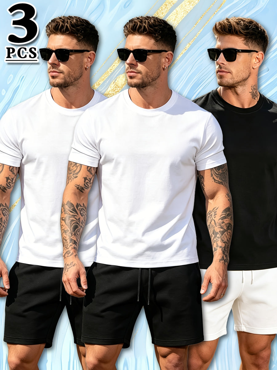 3pcs Set Spring Summer Fashion Athletic Short Sleeve Men'S Top Summer New Breathable Casual Comfortable Versatile Trendy Outerwear T-Shirt - Mixed Color 8