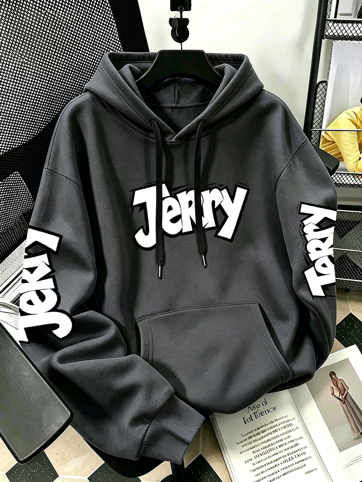 By Warner Bros., 2026 New Fun Cartoon Print, Men's Hoodie, Hooded Sweatshirt, Kangaroo Pocket and Drawstring Hat, Suitable for Daily and Outdoor Sports Wear, Autumn and Winter Warm Jacket, Fashionable Jacket - Dark Gray