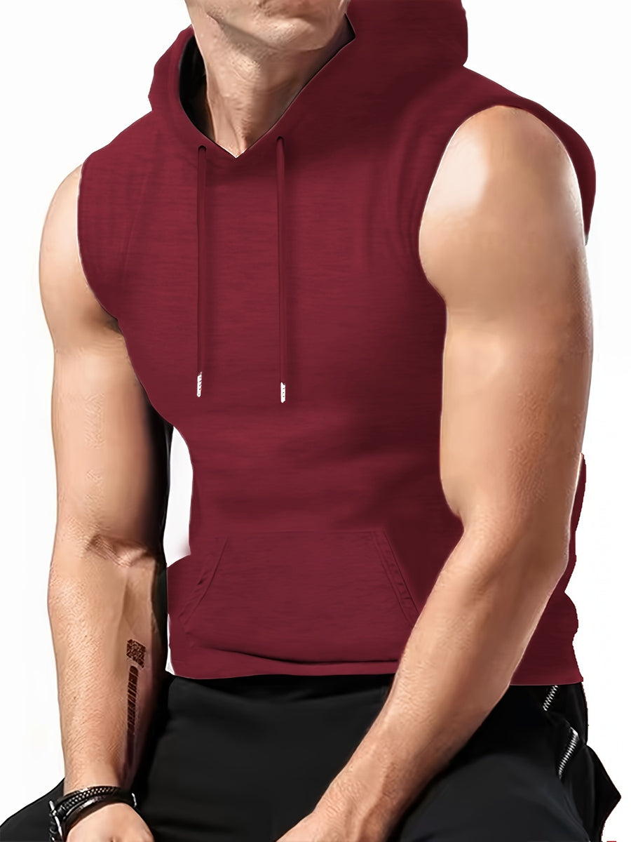Men's Athletic Hooded Sleeveless Shirt - Gym Workout Top with Hood, Breathable Fabric for Running, Training, Casual Streetwear - Machine Washable Muscle Shirt (Non-Transparent), Workout Clothes, Training Gear, Sporty Design, Comfortable Fit, Performance - Burgundy