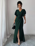 Women'S New Temperament Elegant Solid Ruffled Sleeve V-Neck Waist Ruched Slit Fishtail Party Dress - Dark Green