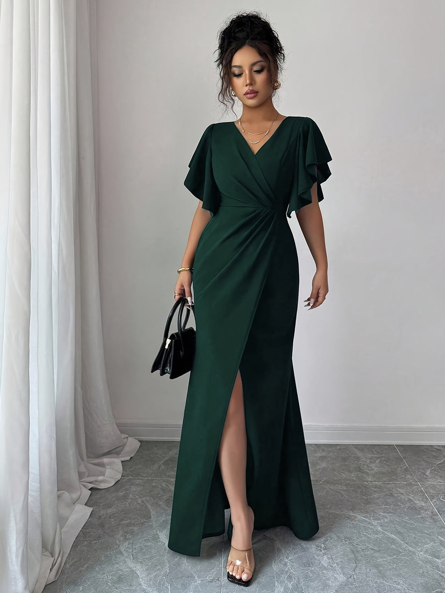 Women'S New Temperament Elegant Solid Ruffled Sleeve V-Neck Waist Ruched Slit Fishtail Party Dress - Dark Green