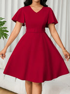 V-neck A-line Skirt, and Figure-hugging, with Ruffled Short Sleeves and a Belt, Mid-length Dress, Elegant and Graceful for Dates, Commuting, and Daily Wear - Red