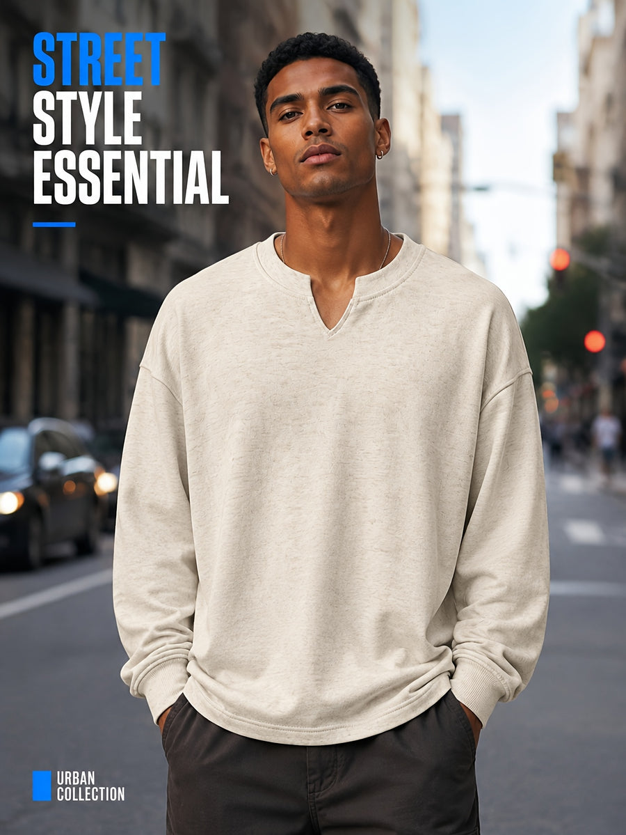 1pc Men'S Oversized Henley Notch-Neck Pullover Top, Drop Shoulder Loose Silhouette, Soft Knit Fabric, Ribbed Cuffs, Straight Hem, Minimalist Street-Inspired Long Sleeve Shirt for Daily Casual Commute Wear - Apricot