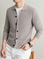 Men's Thick Knit Cardigan for Autumn & Winter, Classic Polo Collar, Solid & Striped Minimal Design, Old Money Style Warm Soft Sweater, Ideal Gift for Dad - Light Camel