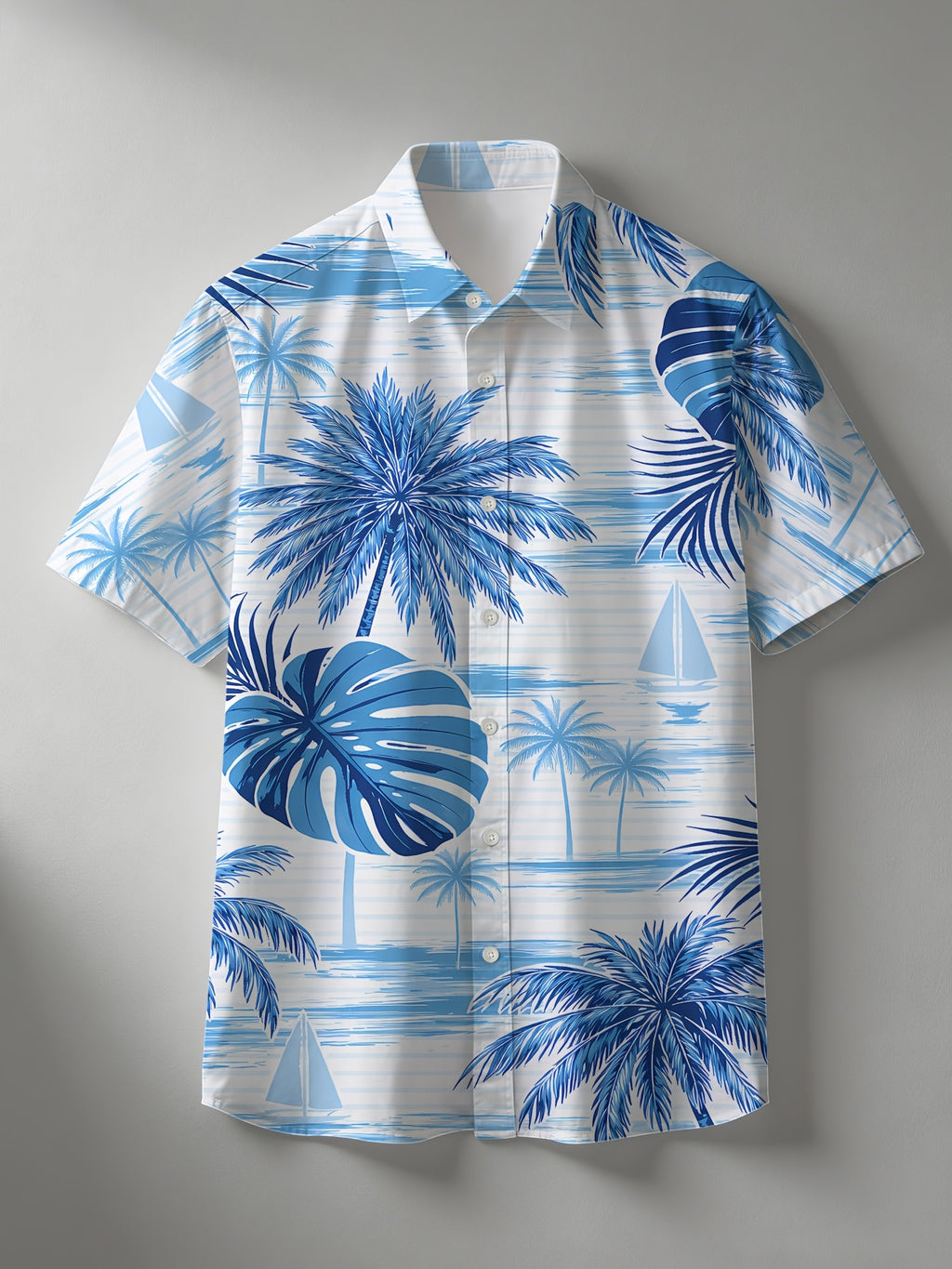 Simple Ocean Palm Sailboat Lapel Short-Sleeve Men's Beach Vacation Shirt - Mixed colors