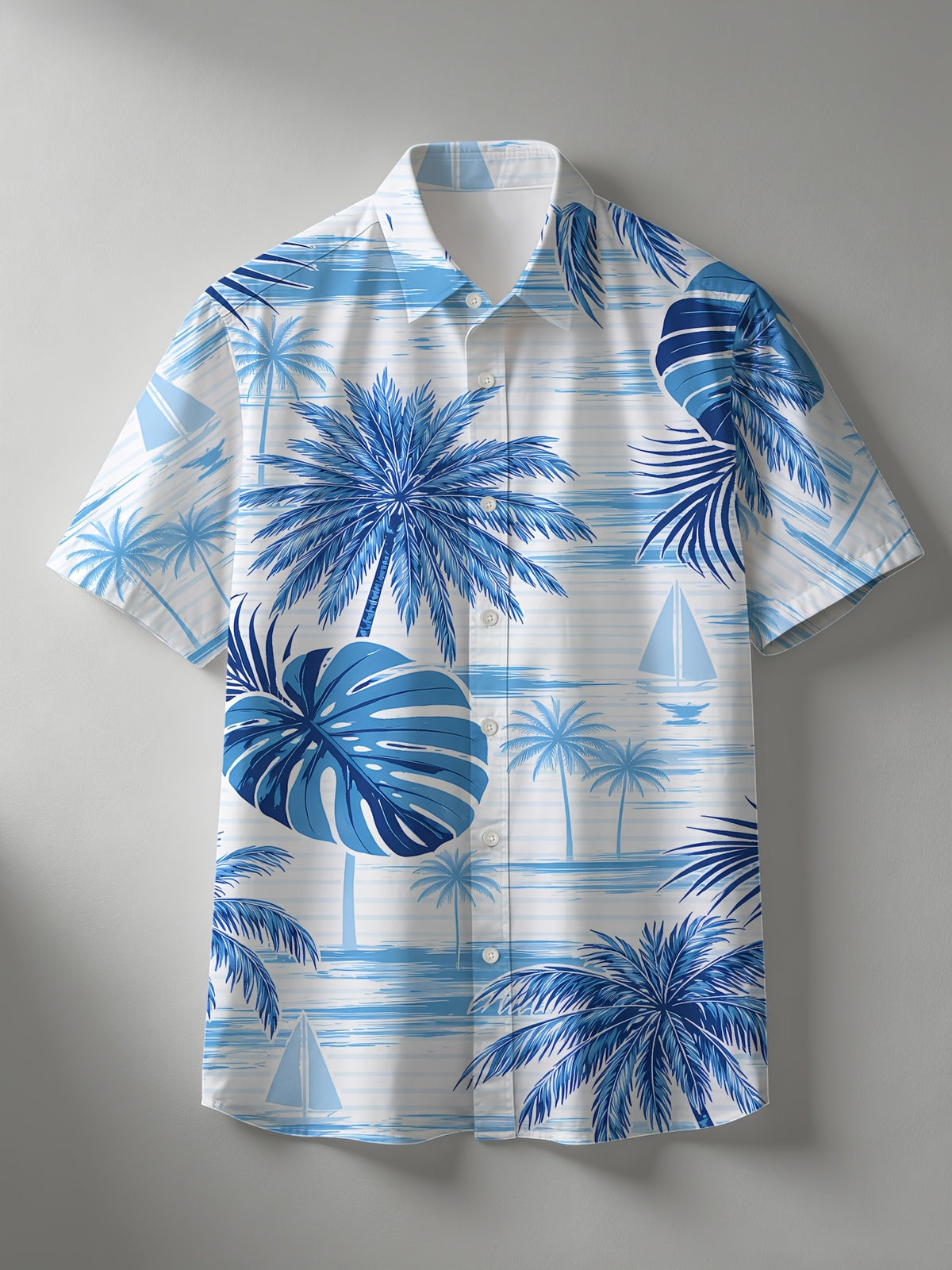 Simple Ocean Palm Sailboat Lapel Short-Sleeve Men's Beach Vacation Shirt - Mixed colors