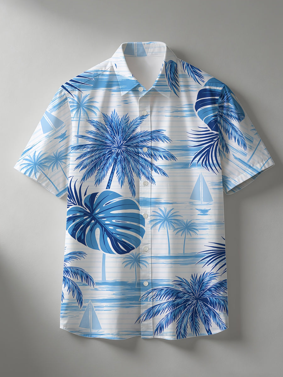 Simple Ocean Palm Sailboat Lapel Short-Sleeve Men's Beach Vacation Shirt - Mixed colors