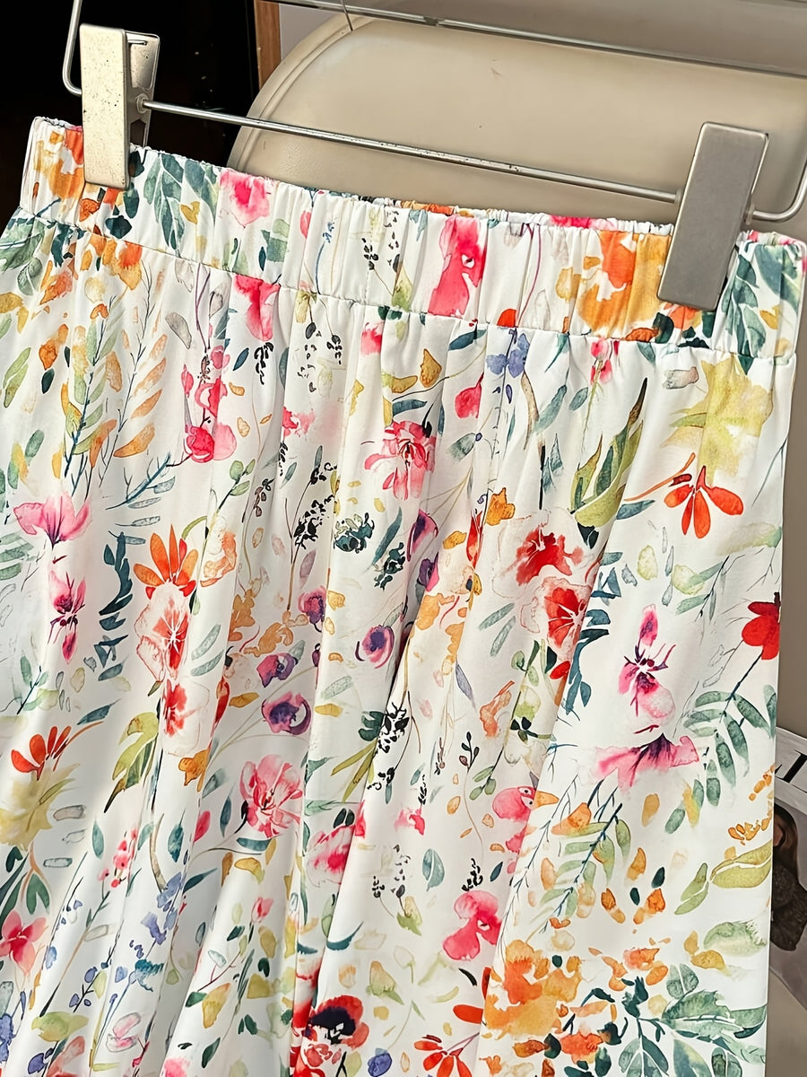 Women's A-Line Floral Print Maxi Skirt - Elegant All-Season Long Flowy Skirt with Vibrant Botanical Design, Machine Washable & Versatile for Casual Formal Wear, Cute Skirts, Relaxed Fit Garment, Everyday Outfit, Easy Care, Fashion Lovers - Multicolor