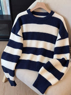 Women'S Spring Autumn Sweater, Color-Block Striped Contrast Round Neck Long Sleeve Top, Loose Casual All-Match Daily Wear - Navy Color