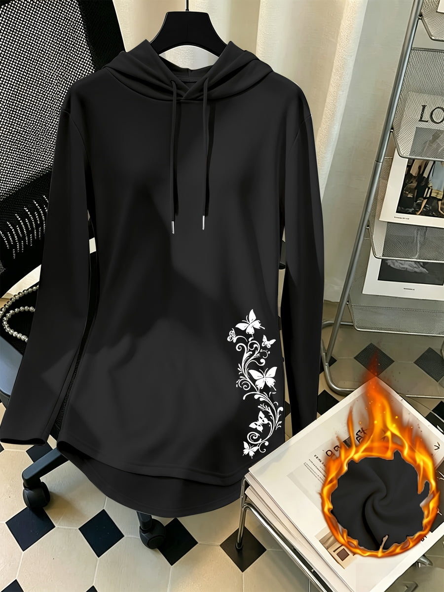 Mid-Length Hooded Sweatshirt for Women, Loose Hip-Covering Butterfly Print Drawstring Pullover Top - Black