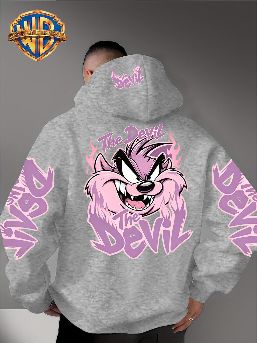 Le Yitong Tasmanian Devil Big Mouth Monster Print Hoodie, with Sleeve Print Design, Kangaroo Pouch And Drawstring Hood, Suitable for Autumn/Winter Casual Wear And Outdoor Activities - Grey