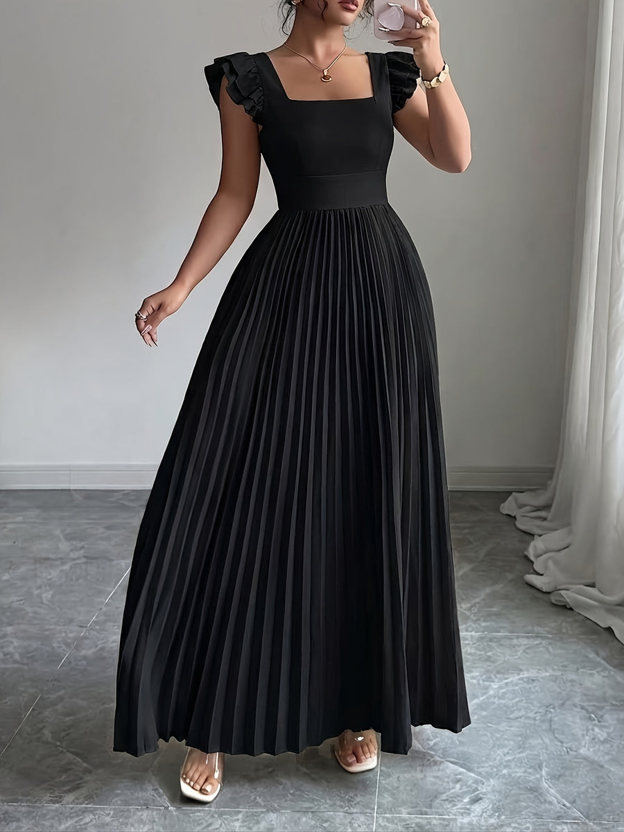 Women'S Elegant Floral Print Pleated Hem Long Dress, Summer - Black