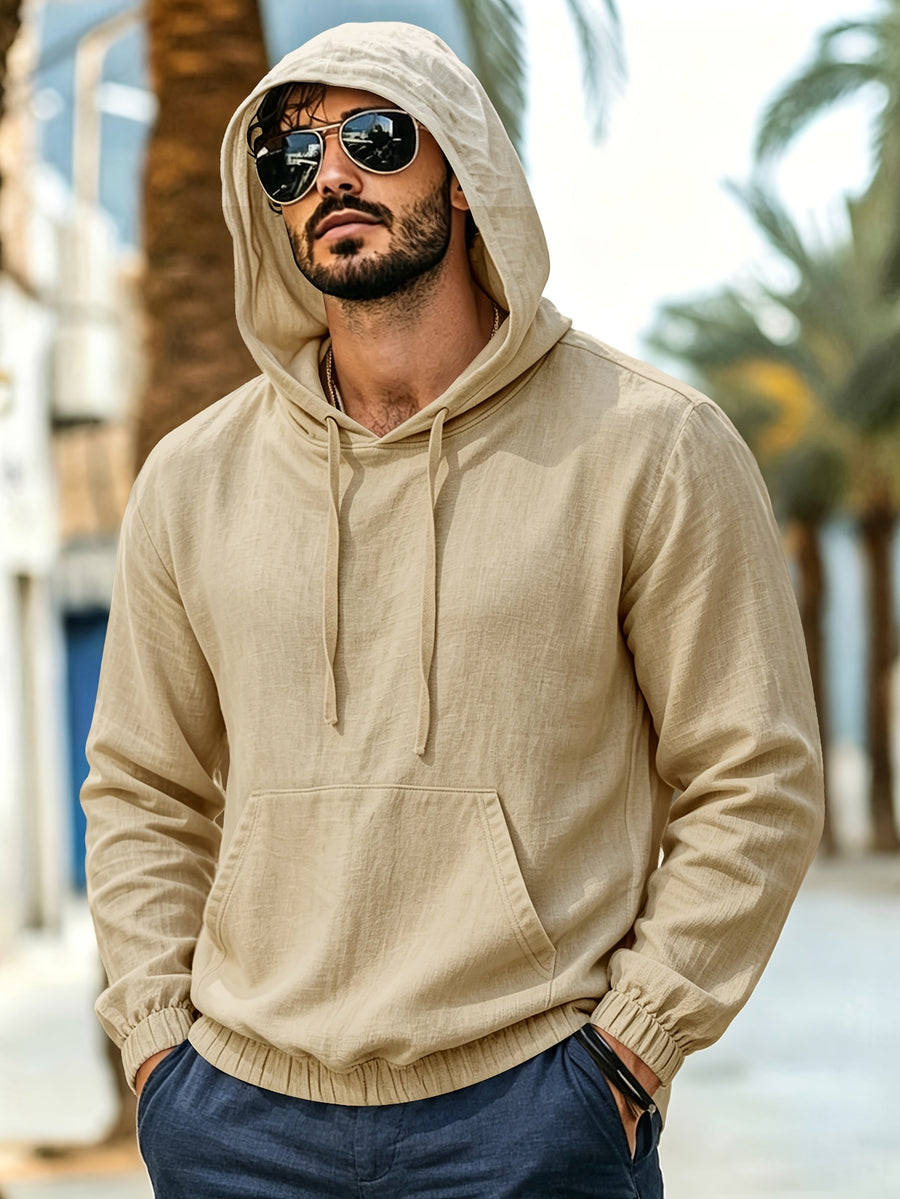 Men's New Spring/Autumn Linen Hooded T-Shirt, Suitable for Commuting, Parties, Outings, Travel, and Sports, Lightweight and Stylish Sweatshirt - Khaki