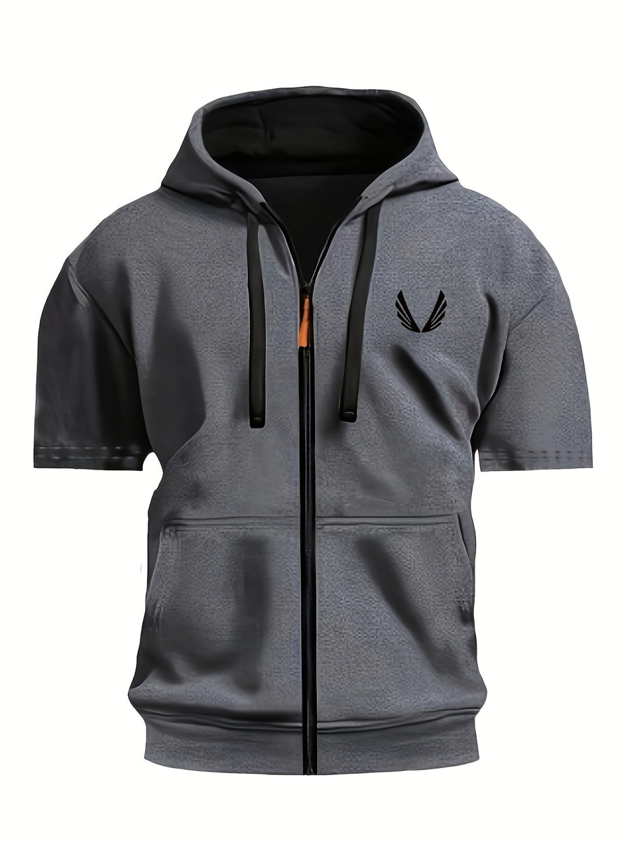 Summer American Fitness Hooded Fashion Short-Sleeve T-Shirt for Men and Women, Suitable for Outdoor Training, Running, and Casual Wear with Zipper - Dark Gray