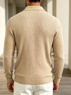 2026 New Men's Long-Sleeve Polo Shirt, Jacquard Texture Lapel Top, Casual Three-Button Knitted Business Versatile Long-Sleeve T-Shirt - Khaki