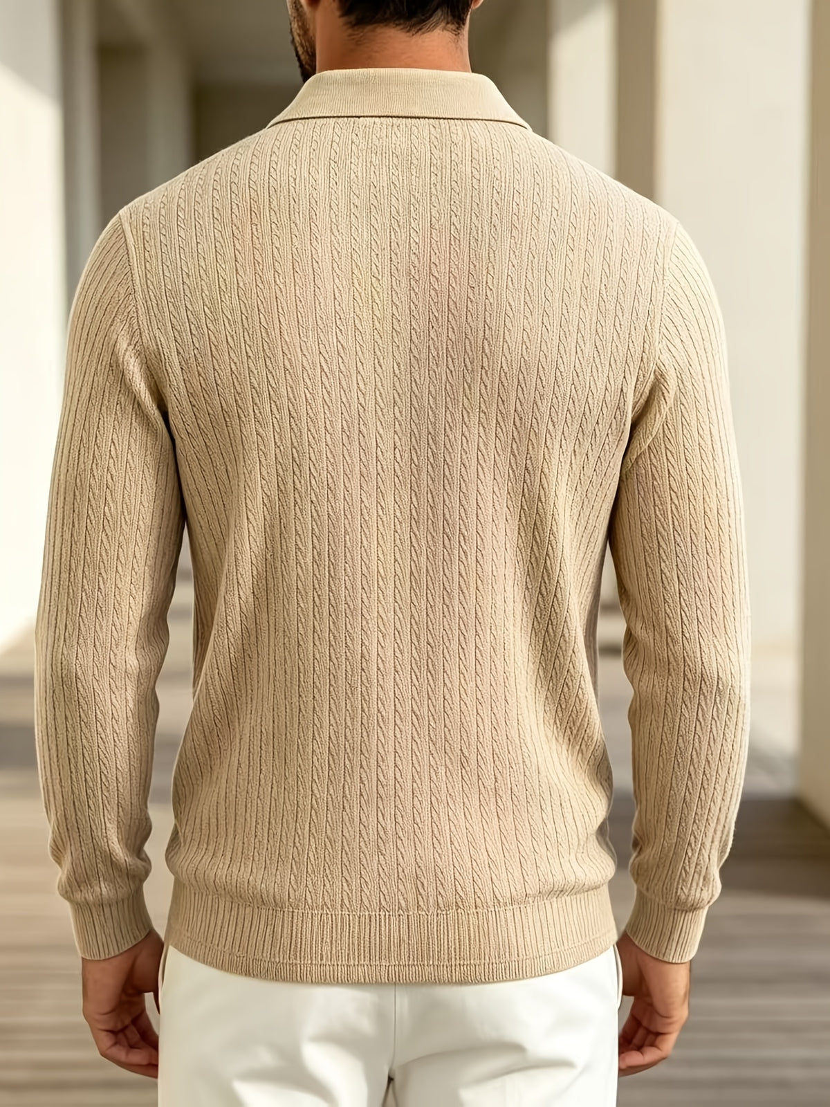 2026 New Men's Long-Sleeve Polo Shirt, Jacquard Texture Lapel Top, Casual Three-Button Knitted Business Versatile Long-Sleeve T-Shirt - Khaki