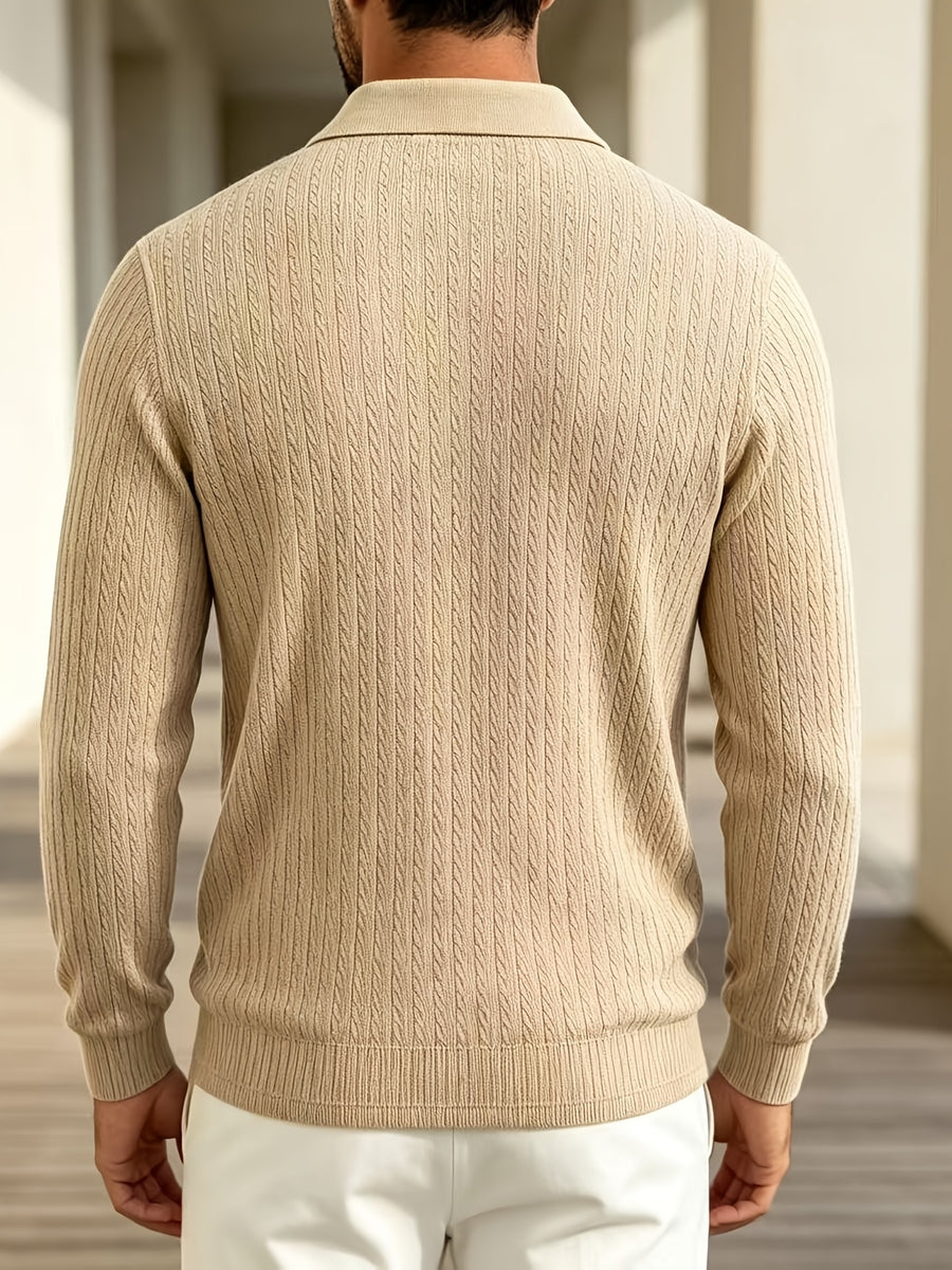 2026 New Men's Long-Sleeve Polo Shirt, Jacquard Texture Lapel Top, Casual Three-Button Knitted Business Versatile Long-Sleeve T-Shirt - Khaki