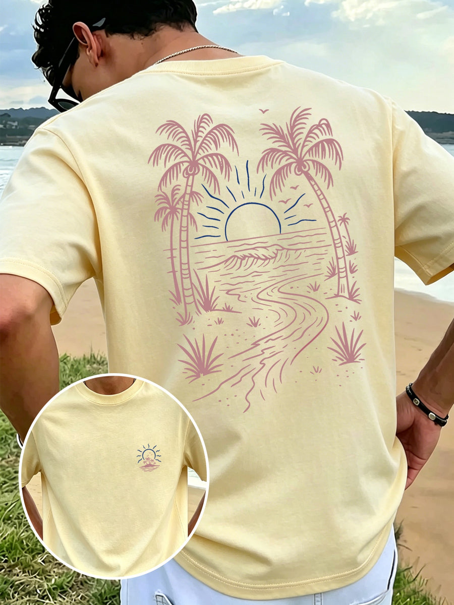 Men'S New Pure Short Sleeve Round Neck T-Shirt Palm Tree Tropical Coast Sunset Print Comfortable Soft Breathable Suitable for Casual Summer Essential - Apricot