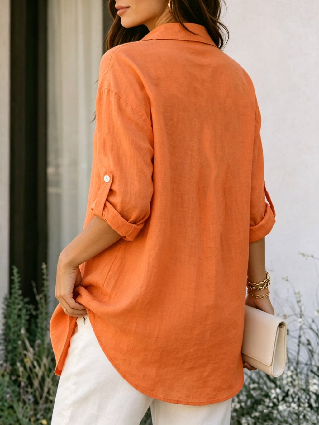 YYTT Women's Elegant Lapel Long-Sleeve Shirt, Loose Drop-Shoulder Relaxed Straight Cut, Lightweight Breathable Skin-Friendly Fabric, Versatile Shirt for Vacation and Commuting, Roll-Up Sleeves to Slim and Conceal Arms, Relaxed Lazy Artistic Vacation - Orange-Red