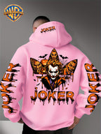 Warner Official - Men's Fashion Hoodie Sweatshirt, Halloween-themed Bat and Spiderweb Hand-Drawn Graffiti Suit Joker with Three Different Evil Smile Expressions Joker Head + "JOKER" Lettering Creative Pattern Print, Soft and Skin-Friendly Fabric - pink