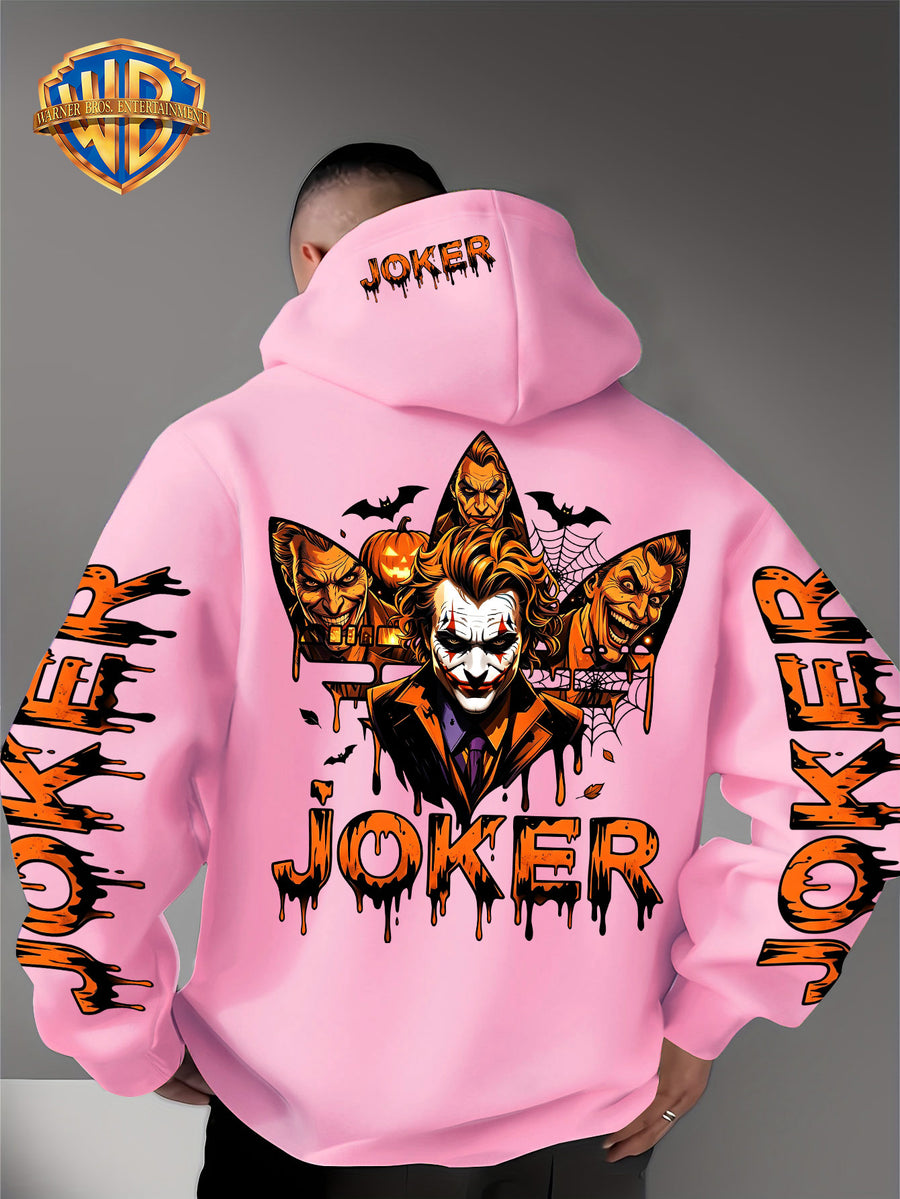Warner Official - Men's Fashion Hoodie Sweatshirt, Halloween-themed Bat and Spiderweb Hand-Drawn Graffiti Suit Joker with Three Different Evil Smile Expressions Joker Head + "JOKER" Lettering Creative Pattern Print, Soft and Skin-Friendly Fabric - pink