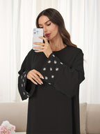 1pc (Headscarf Not Included) Elegant Cute Cuffed Small Daisy Embroidery Dress, Fashionable, Elegant, And Casual Abaya Dress with Embroidered Small Chrysanthemums at The Cuffs, No Scarf, Solid Color, Suitable for Daily Wear - Black