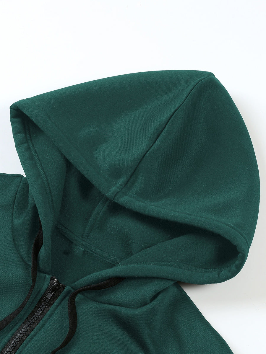 Plus Size - Plus Size - Plus Size Women'S Casual Autumn And Winter Letter Print Sweatshirt, Long Sleeve Pocket Hooded Zip Jacket, Women'S, Hoodie - Green