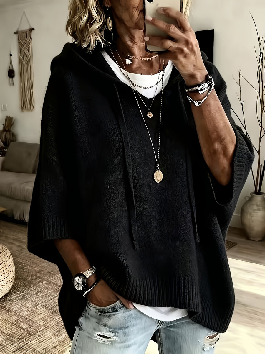 Women's Casual Hooded Drawstring Top Loose Off-Shoulder Wide 3/4 Sleeve Soft Sweatshirt Oversized Body-Covering Batwing Sleeve Pullover Ribbed Hem Solid Color Slouchy Hoodie - Black