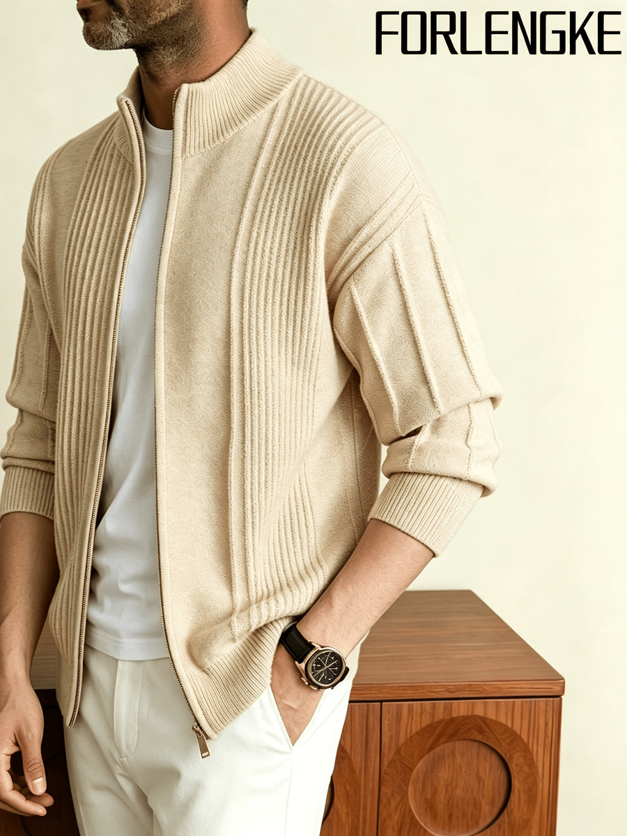 FORLENGKE 2026 New Men Business Casual Stand Collar Full Zip Vertical Ribbed Knit Cardigan, Soft Thick Loose Long Sleeve Sweater Jacket for Fall Winter Office Daily Wear - Apricot