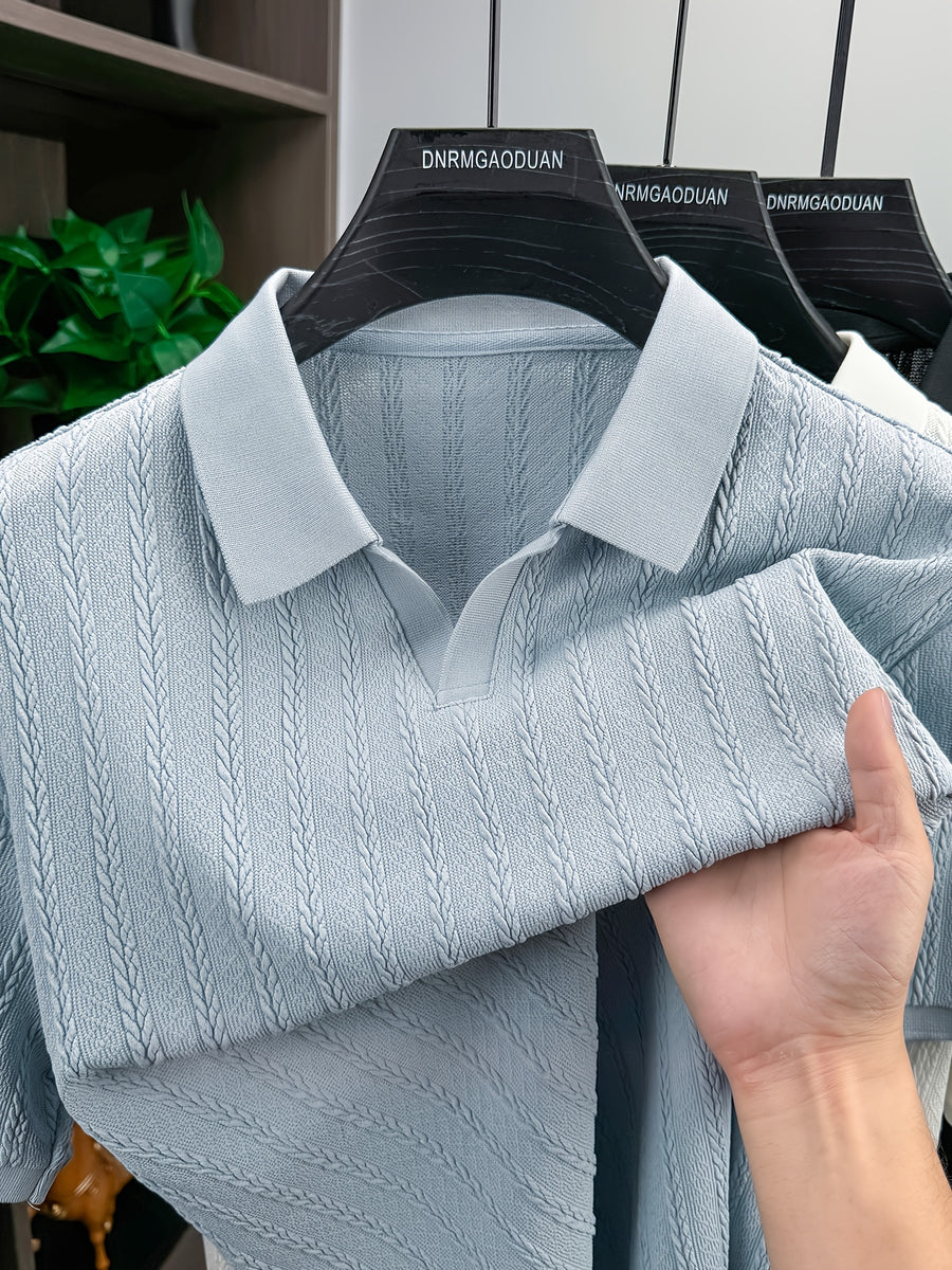 Men's Casual Short-Sleeve Golf Polo Shirt, Featuring a Stylish Jacquard Fabric Design, Suitable for Business, Daily, and Outdoor Wear - Blue