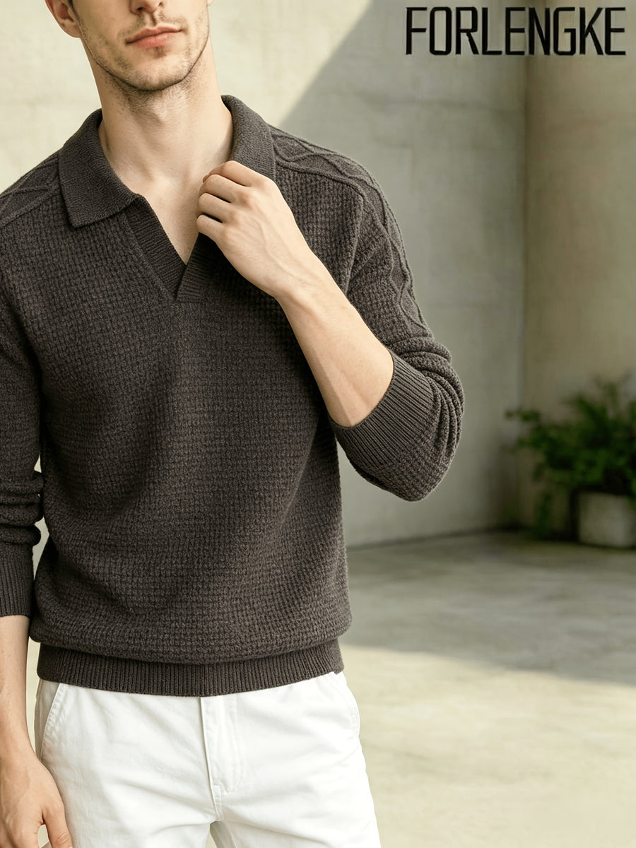 FORLENGKE Men'S Business Casual Lapel V-Neck Knit Sweater, Soft Warm Textured Long Sleeve Pullover Tops for Autumn Winter Office Daily Wear - Coffee Color