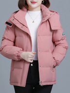 QMGA Women's Thickened Jacket Hooded Outdoor Coat with Detachable Hood & Large Pockets - Anti-Pilling Suitable for Camping,, Commuting, Winter Warm Outerwear, Zipper Closure, Elastic Cuffs, Straight Cut Jacket - Pink Color