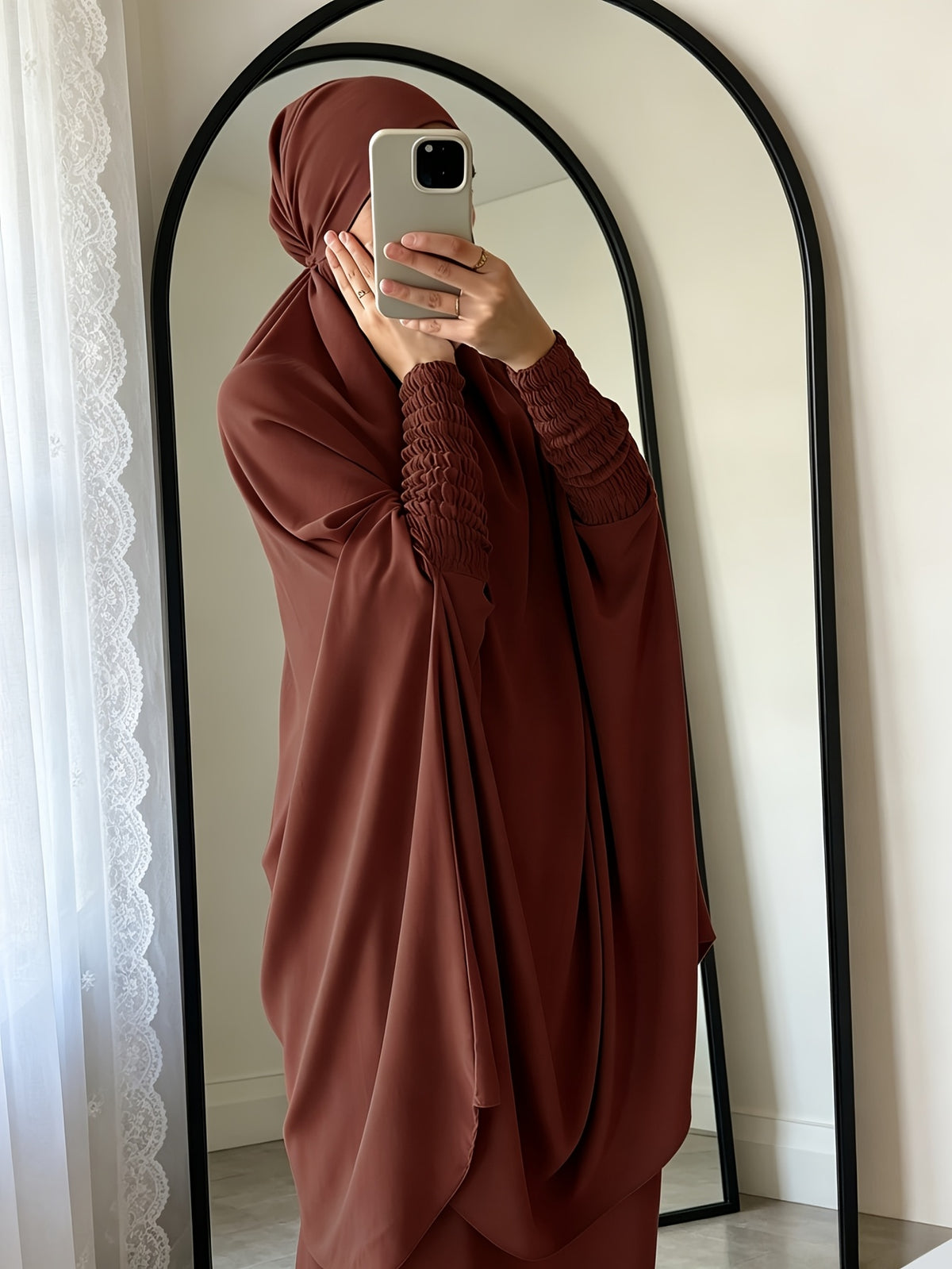 Casual Modest Outfit Set with Matching Head Wrap, Lightweight Breathable Loose Fit Puff Sleeve Top and Maxi Skirt for Everyday Use - Maroon