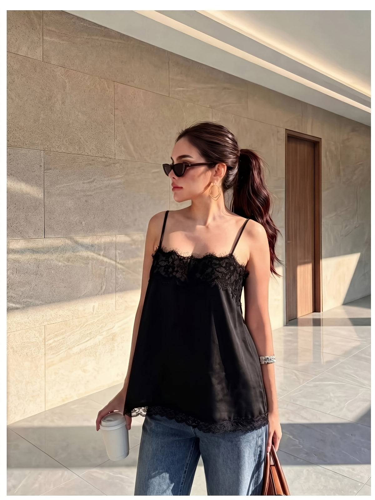 Elegant Exquisite Women'S Black Lace Trim Camisole Fashion Temperament Piece for Party Date Vacation Daily Outfit - Black