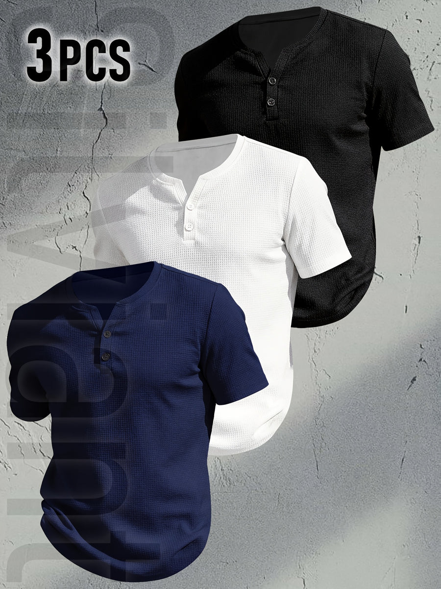 [Josh Mei OBM] 3pcs Men'S Henley Short Sleeve T-Shirt, Breathable Waffle Knit Casual Tee, Button Front Summer Top, Lightweight Solid Color Round Neck, Machine Washable for Daily Wear - Mix color 5