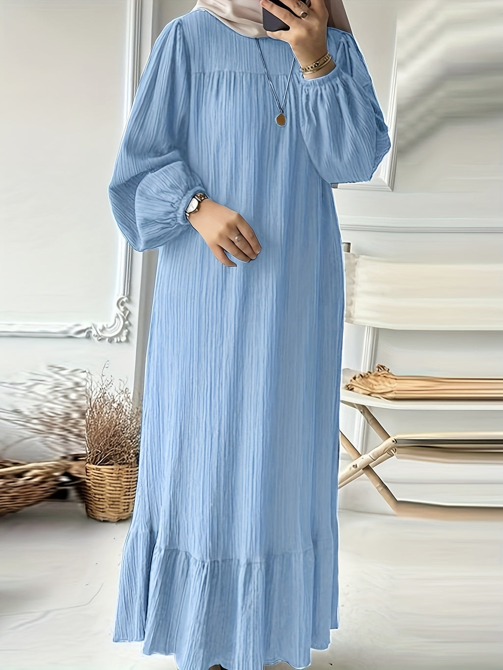Solid Lantern Sleeve Round Neck Ruffled Hem Loose Robe Long Sleeve Dress - Sky Blue