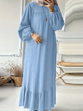 Solid Lantern Sleeve Round Neck Ruffled Hem Loose Robe Long Sleeve Dress - Sky Blue
