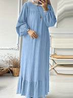 Solid Lantern Sleeve Round Neck Ruffled Hem Loose Robe Long Sleeve Dress - Sky Blue