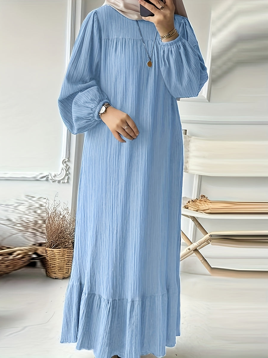 Solid Lantern Sleeve Round Neck Ruffled Hem Loose Robe Long Sleeve Dress - Sky Blue