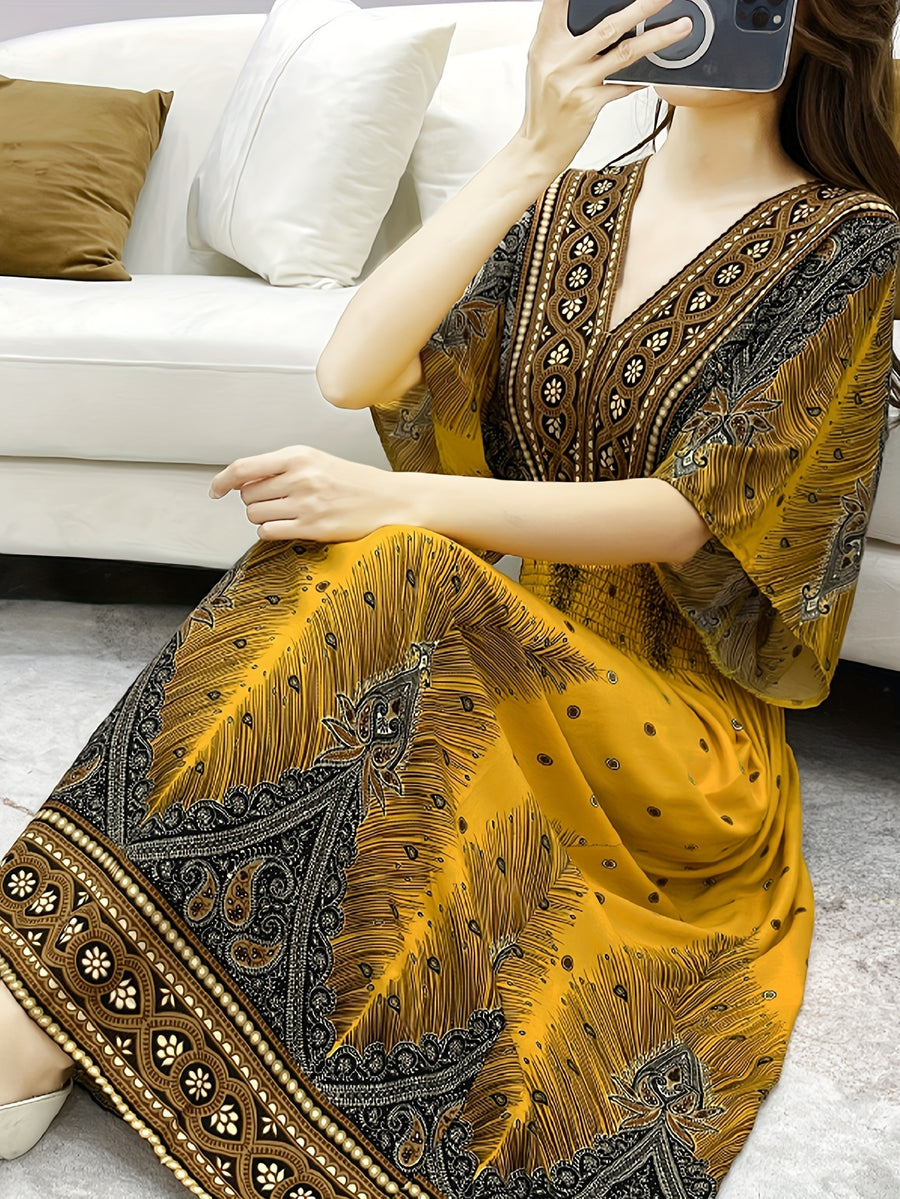 Summer Bohemian Women's Dress, Thin Beach Vacation Dress, 4 Colors Available, High Waist V-Neck Maxi Dress with Batwing Sleeves - Loose, Comfortable, and Breathable - Yellow