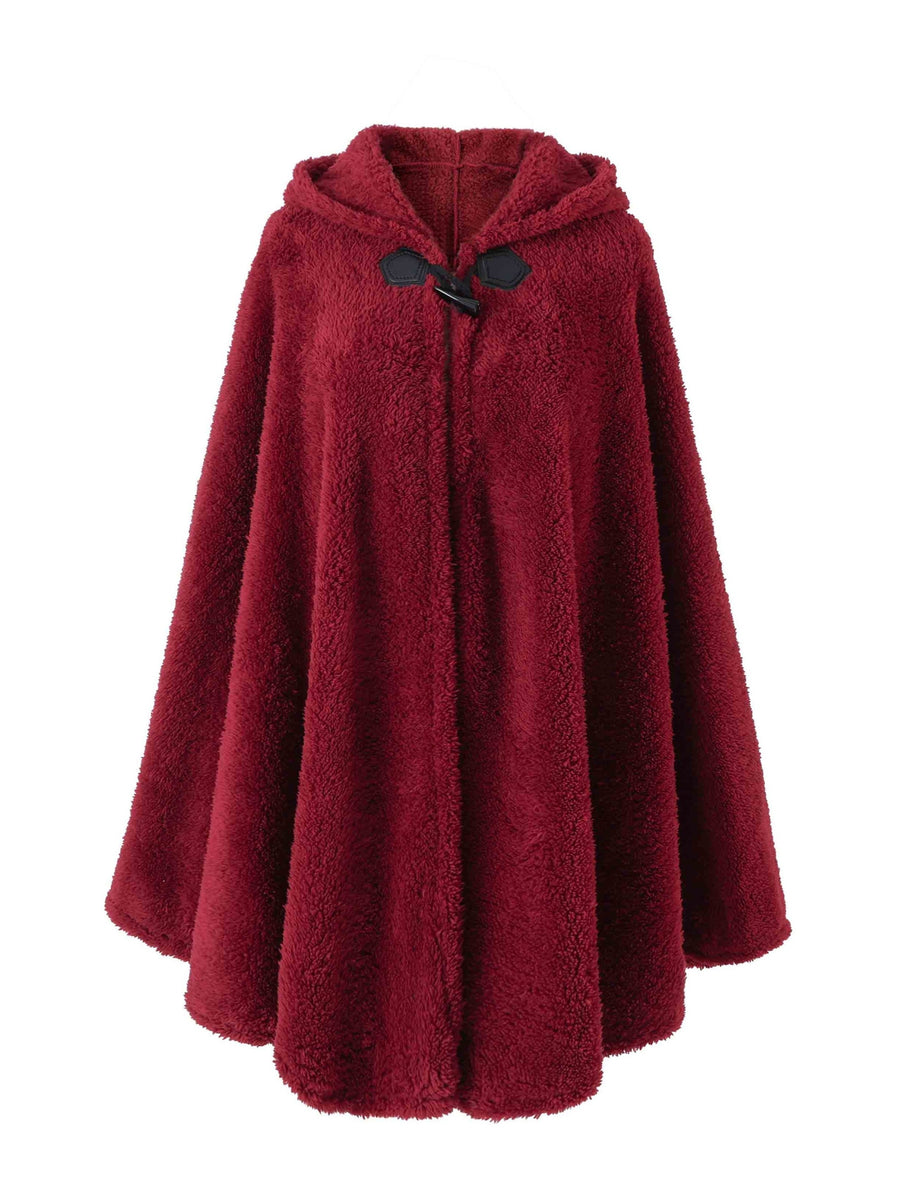 Plus Size - 1pc Faux Horn Button Size Free Solid Color Fashion Hooded Cape - Burgundy