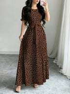 Holiday Gathering Vacation Dress Printed Dress Women'S Fashion Round Neck Short Puff Sleeve Skirt Design with Belt Waist-Cinching Long Dress Elegant Summer Dress ASD1 - Khaki
