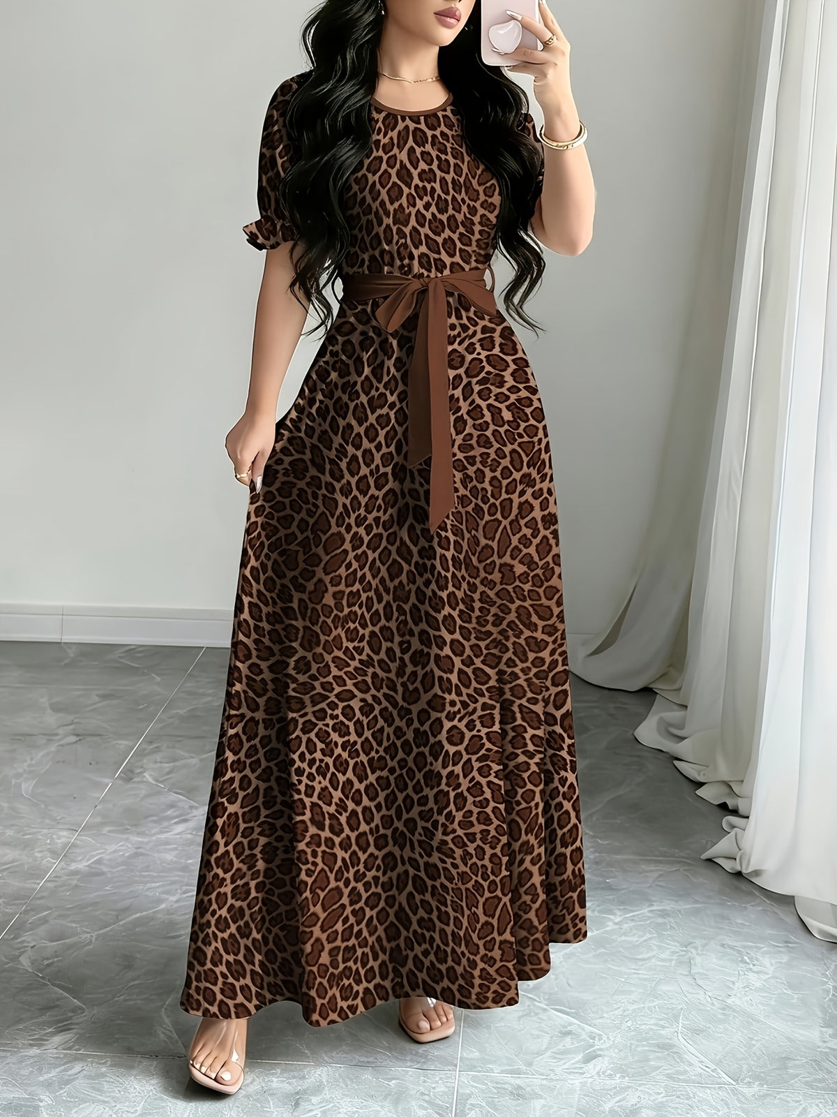Holiday Gathering Vacation Dress Printed Dress Women'S Fashion Round Neck Short Puff Sleeve Skirt Design with Belt Waist-Cinching Long Dress Elegant Summer Dress ASD1 - Khaki