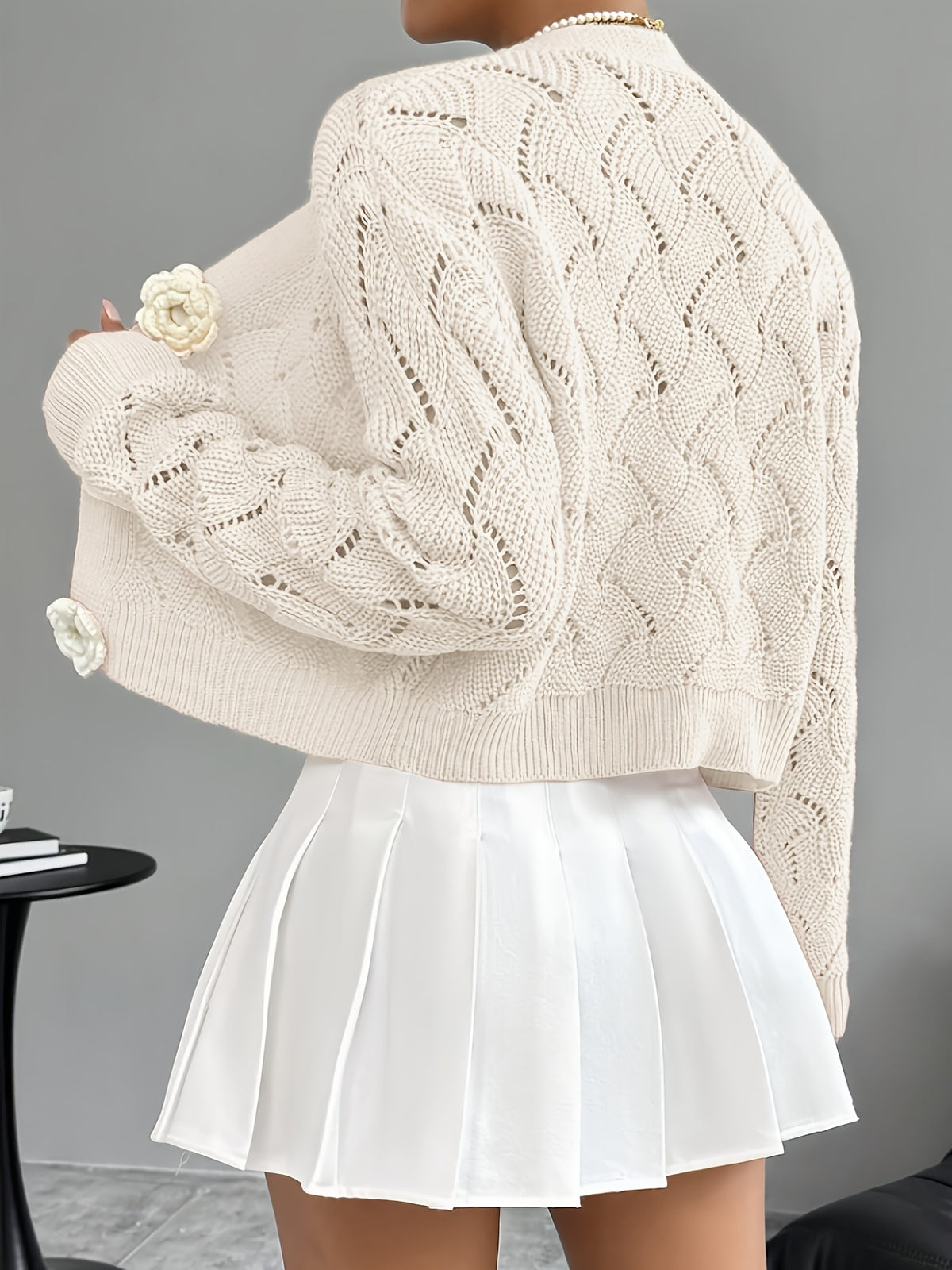 Spring 2026 Spring/Summer Women'S Handcrafted 3D Floral Embellishment Western Fashion Elegant Solid Lace Crochet Cardigan Top Jacket Women'S, Suitable for Daily Wear And Commuting, Spring Outing, All Seasons, Versatile Style - Apricot