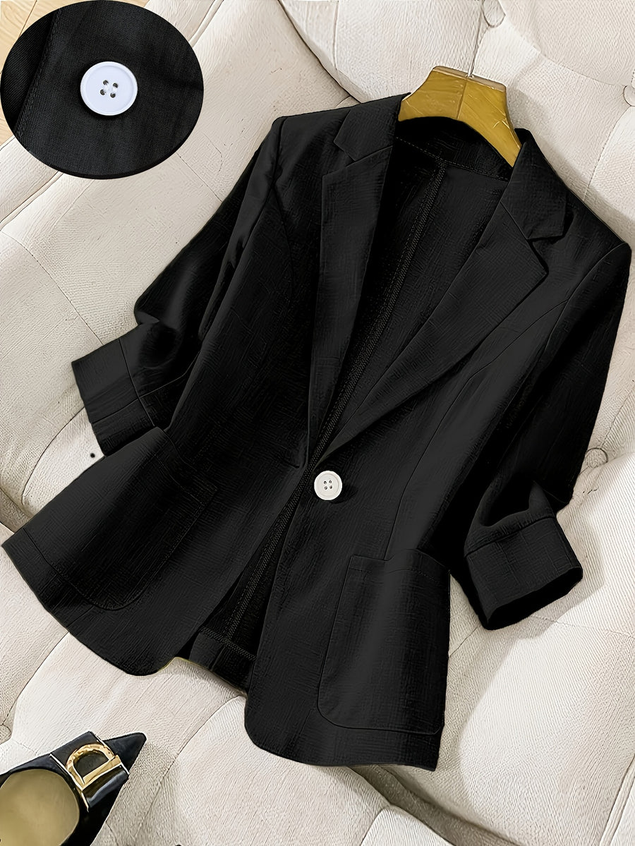 2026 New Premium Solid Color Single-Button Suit Jacket, Elegant 3/4 Sleeve, Comfortable And Breathable Casual Outerwear, Elegant Style Suitable for Daily Spring Summer Autumn, All-Match Temperament Suit - Black