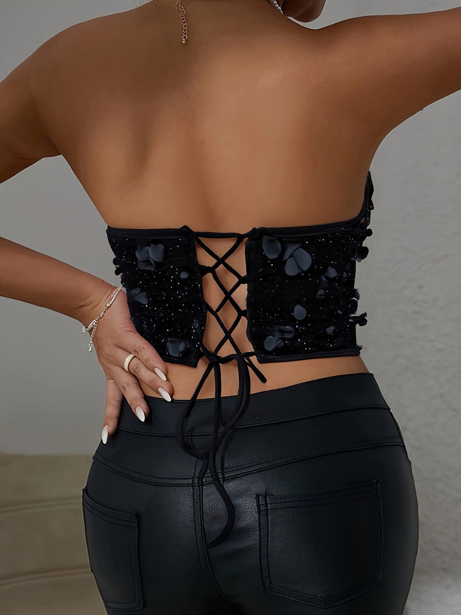 Summer New Arrival Sweet Style 3D Cutout Decorated Underwire Crisscross Lace-Up Fishbone Ins Hot Bralette A1535 - Black