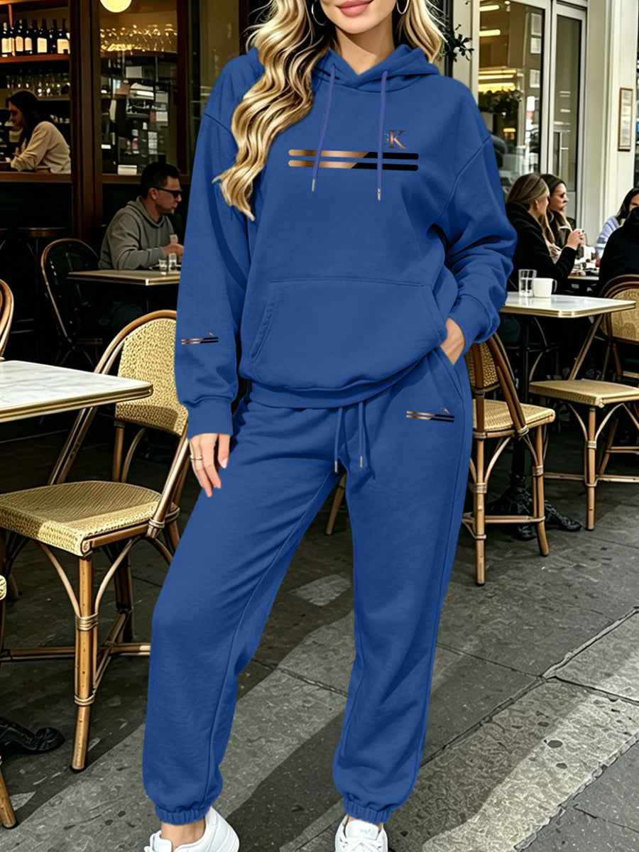2026 New Women's Casual -Lined Hooded Sweatshirt and Elastic Waist Jogger Pants Set, Featuring a Simple and Stylish Letter "K" and Line Combination Pattern Print, Versatile for Fall/Winter - Multicolor-Blue